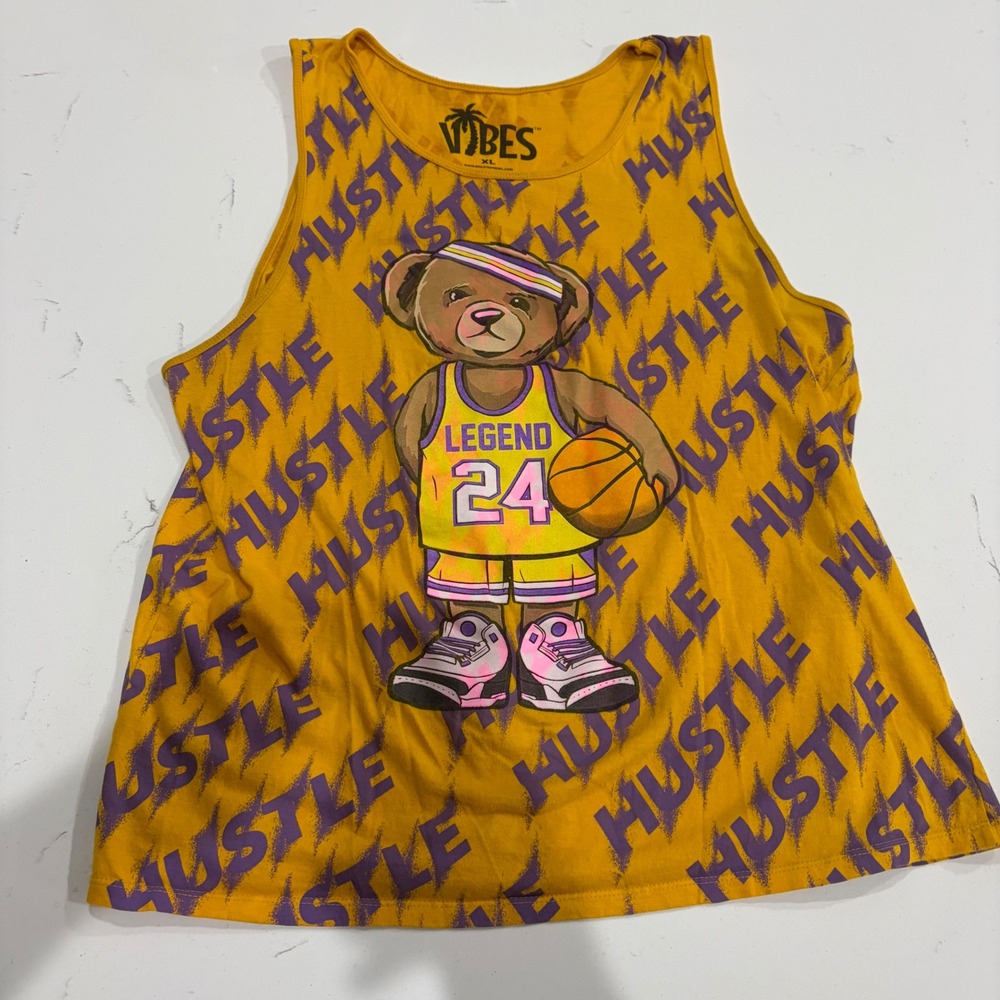 Vibes Mens Hustle Legend 24 Basketball Bear Graphic Tank Top Yellow Purple 2XL
